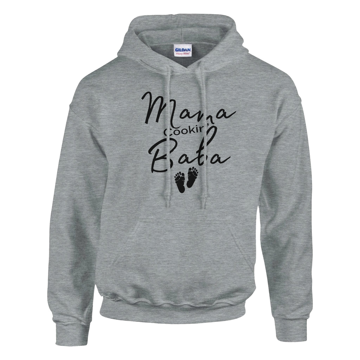 Sports grey Hoodie "Mama Cookin' Baba" with tiny silhouette black feet