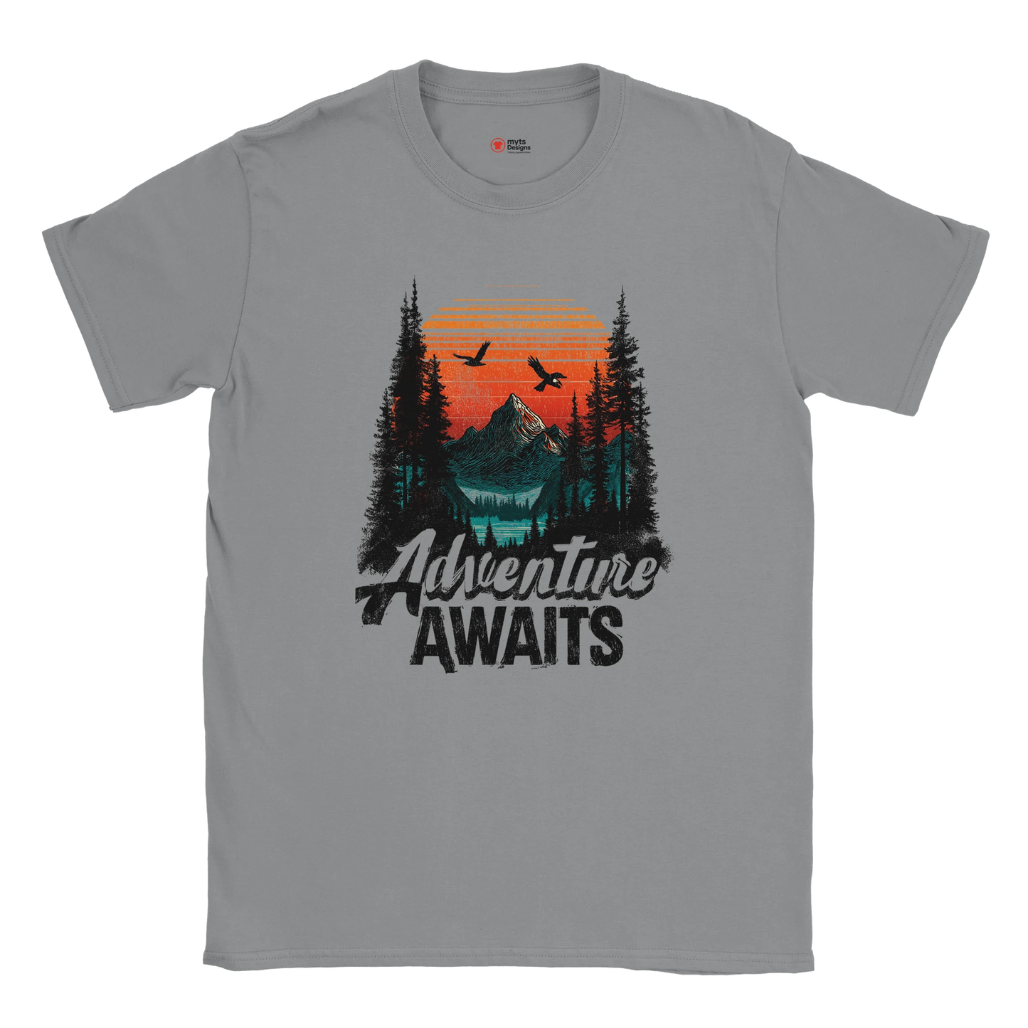 Gray t-shirt with 'Adventure Awaits' graphic design featuring a mountain and trees.