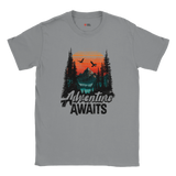 Gray t-shirt with 'Adventure Awaits' graphic design featuring a mountain and trees.