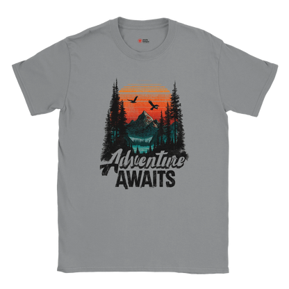 Gray t-shirt with 'Adventure Awaits' graphic design featuring a mountain and trees.