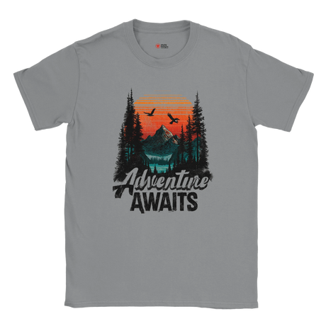 Gray t-shirt with 'Adventure Awaits' graphic design featuring a mountain and trees.
