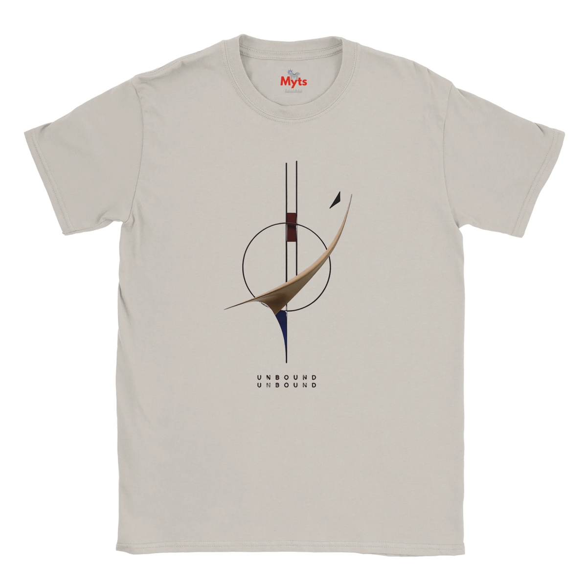 A Ice-Grey crewneck T-shirt with a minimalist abstract graphic in the center. The graphic features a circular motif, a curved brown shape, and a small black bird silhouette, with the word 'UNBOUND' printed below in a dotted font.