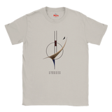 A Ice-Grey crewneck T-shirt with a minimalist abstract graphic in the center. The graphic features a circular motif, a curved brown shape, and a small black bird silhouette, with the word 'UNBOUND' printed below in a dotted font.