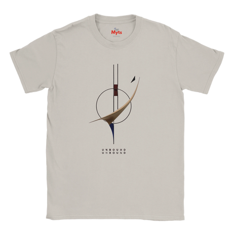 A Ice-Grey crewneck T-shirt with a minimalist abstract graphic in the center. The graphic features a circular motif, a curved brown shape, and a small black bird silhouette, with the word 'UNBOUND' printed below in a dotted font.