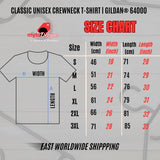 Size chart for a classic unisex crewneck t-shirt with dimensions in centimeters and inches, branded with 'myst Designs'.