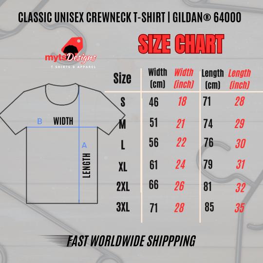 Size chart for a classic unisex crewneck t-shirt with dimensions in centimeters and inches, branded with 'myst Designs'.