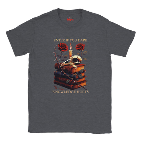Dark Heather gray t-shirt with a graphic design of books, roses, and a skull on a white background.