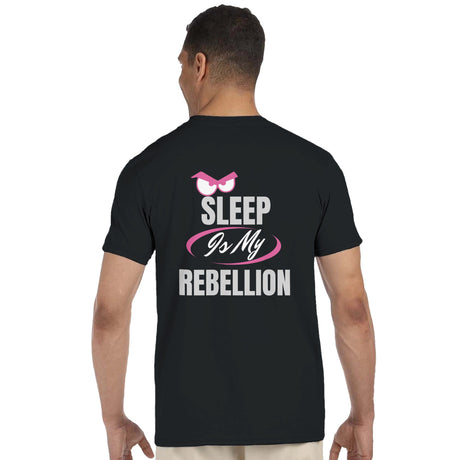 Black t-shirt with 'Sleep is My Rebellion' text on the back, worn by a person.