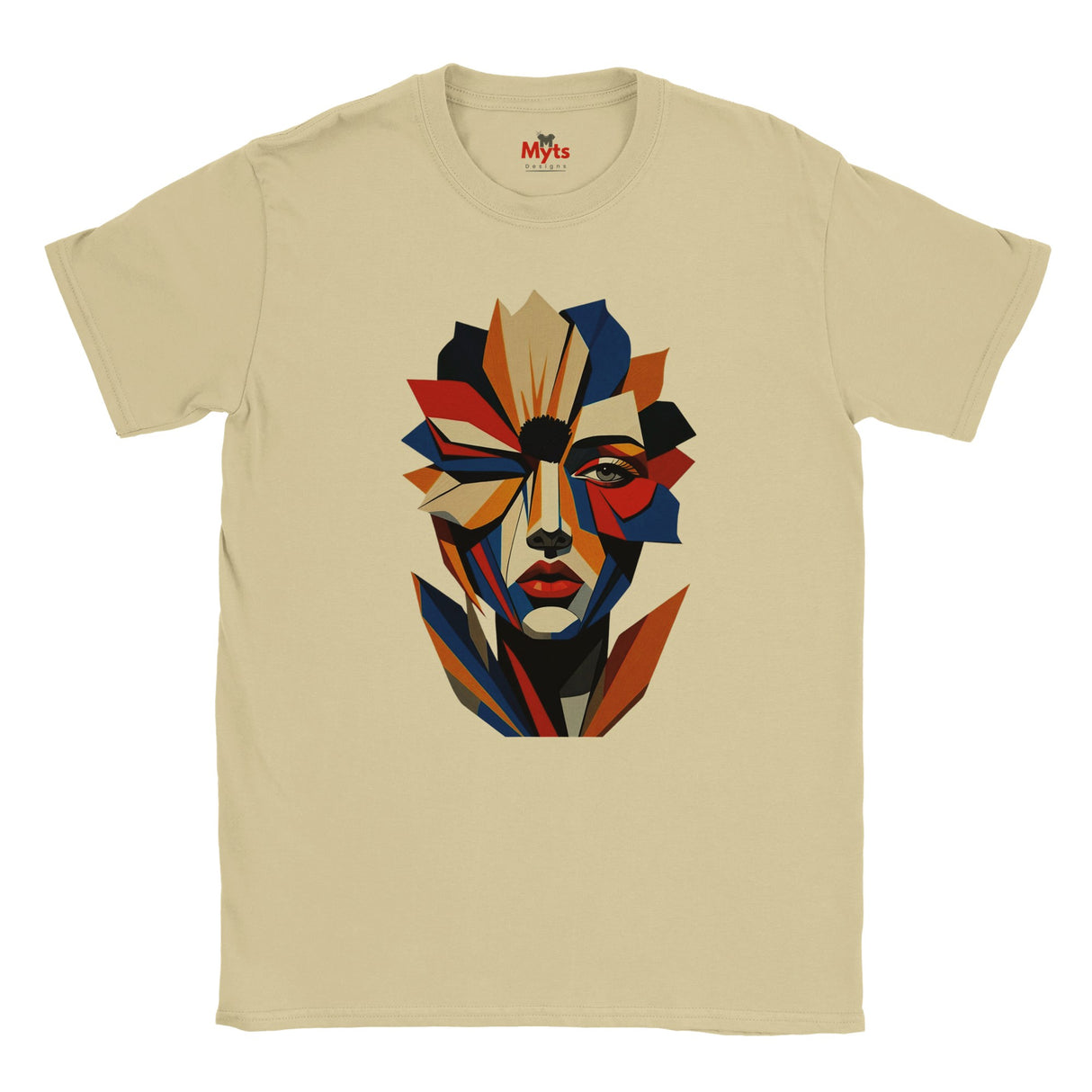 Abstract Geometric Face T-Shirt in Natural — bold geometric portrait art graphic tee by Mytsdesigns