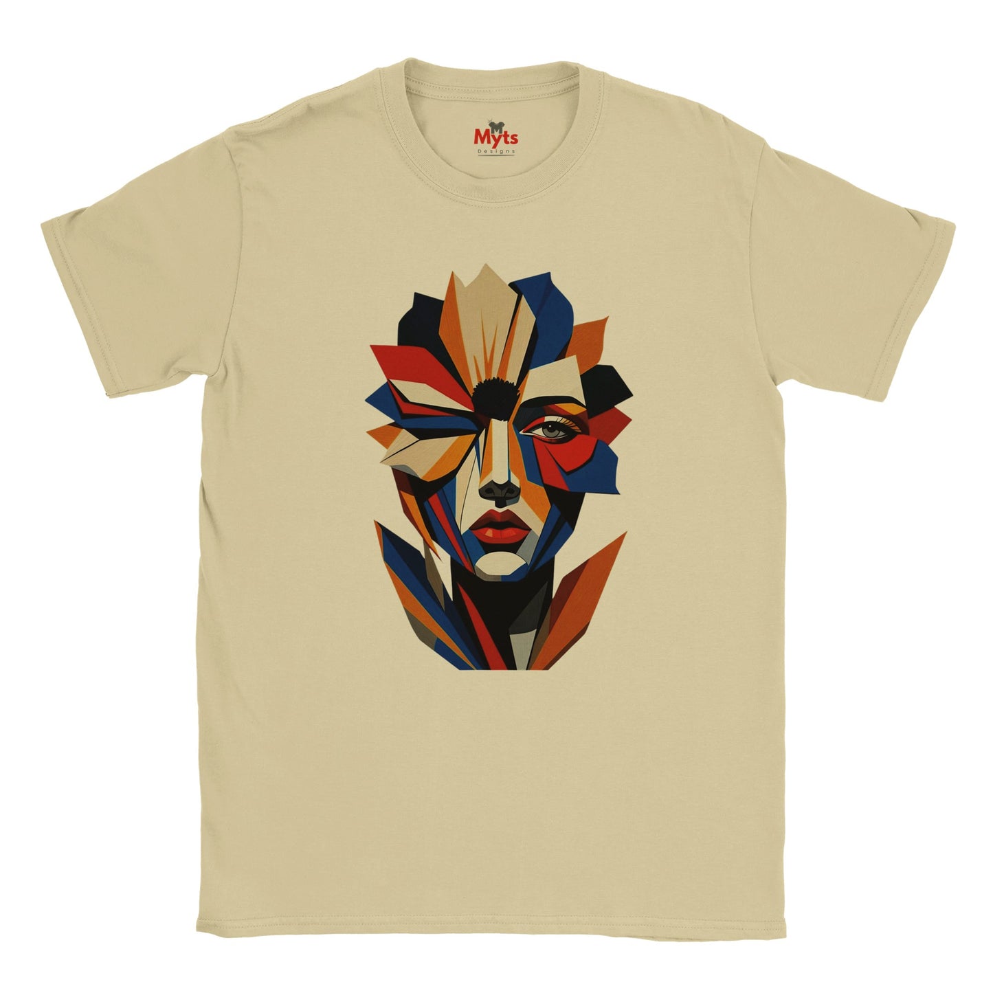 Abstract Geometric Face T-Shirt in Natural — bold geometric portrait art graphic tee by Mytsdesigns