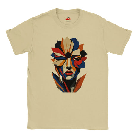 Abstract Geometric Face T-Shirt in Natural — bold geometric portrait art graphic tee by Mytsdesigns