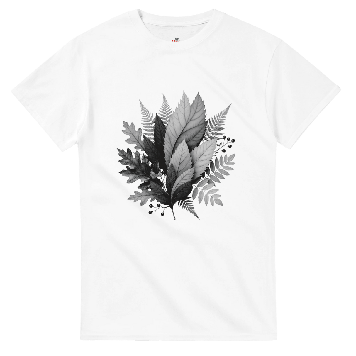 White t-shirt with black leaf design on a white background