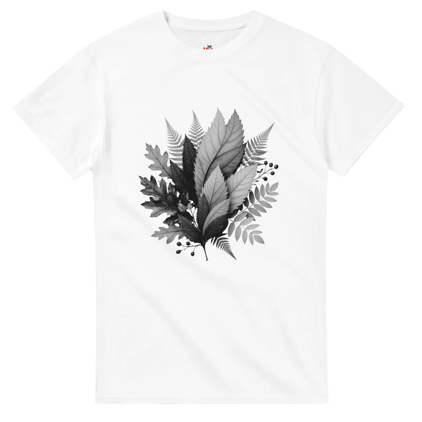 White t-shirt with black leaf design on a white background
