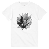 White t-shirt with black leaf design on a white background