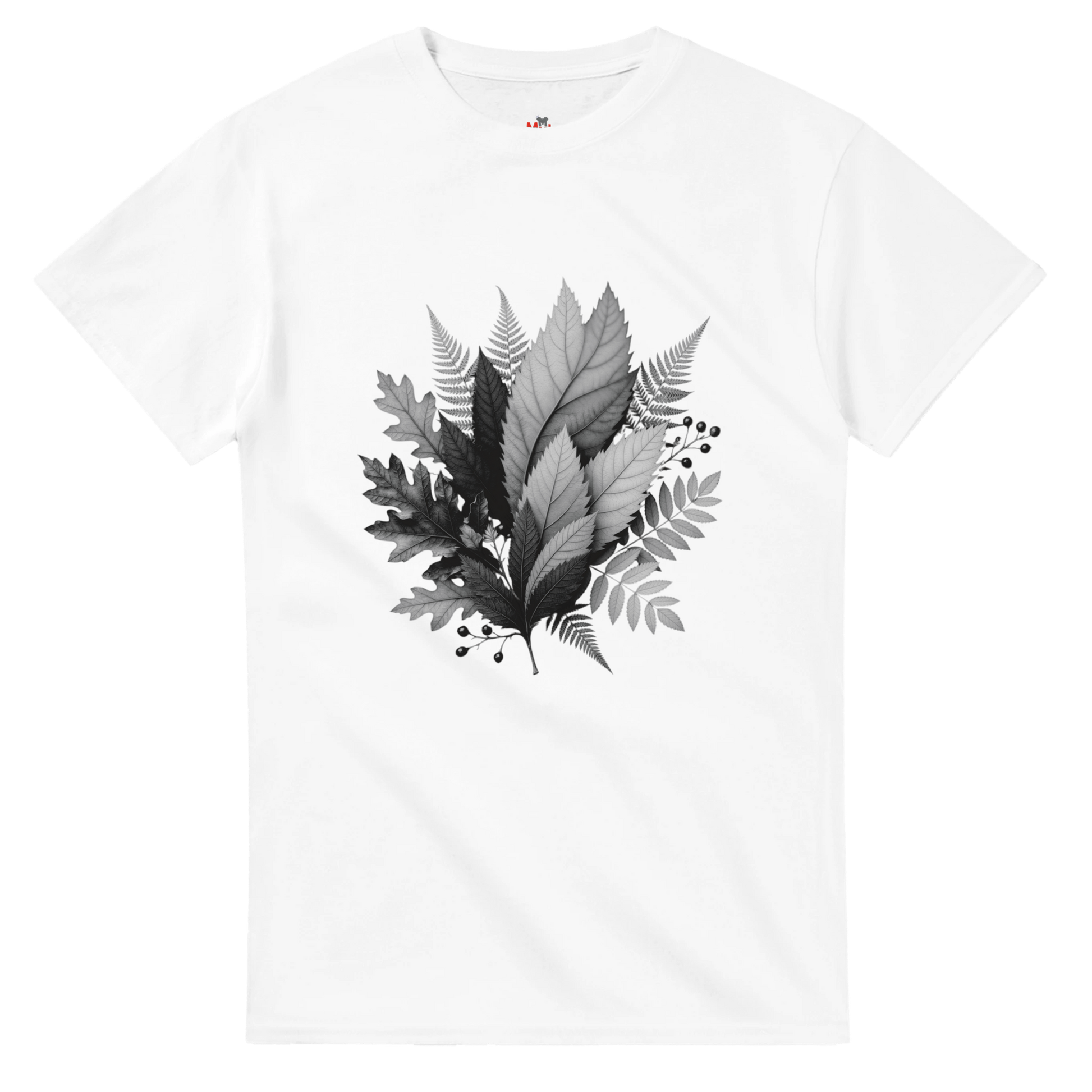 White t-shirt with black leaf design on a white background