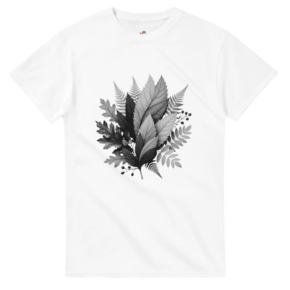 White t-shirt with black leaf design on a white background
