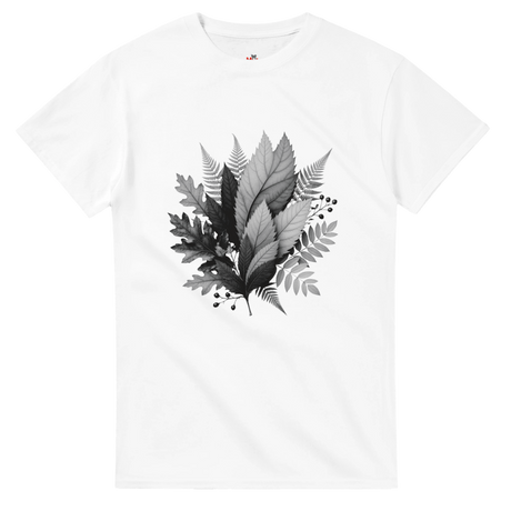 White t-shirt with black leaf design on a white background