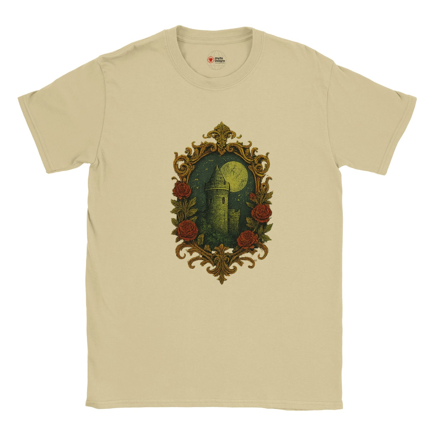 Neutral t-shirt with decorative emblem design on a white background