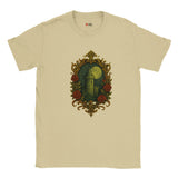 Neutral t-shirt with decorative emblem design on a white background