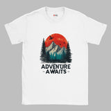 White unisex cotton T-shirt with a retro “Adventure Awaits” camping graphic—featuring a vintage tent scene, outdoors motif, and bold typography; soft Gildan 64000 fabric from MytsDesigns.