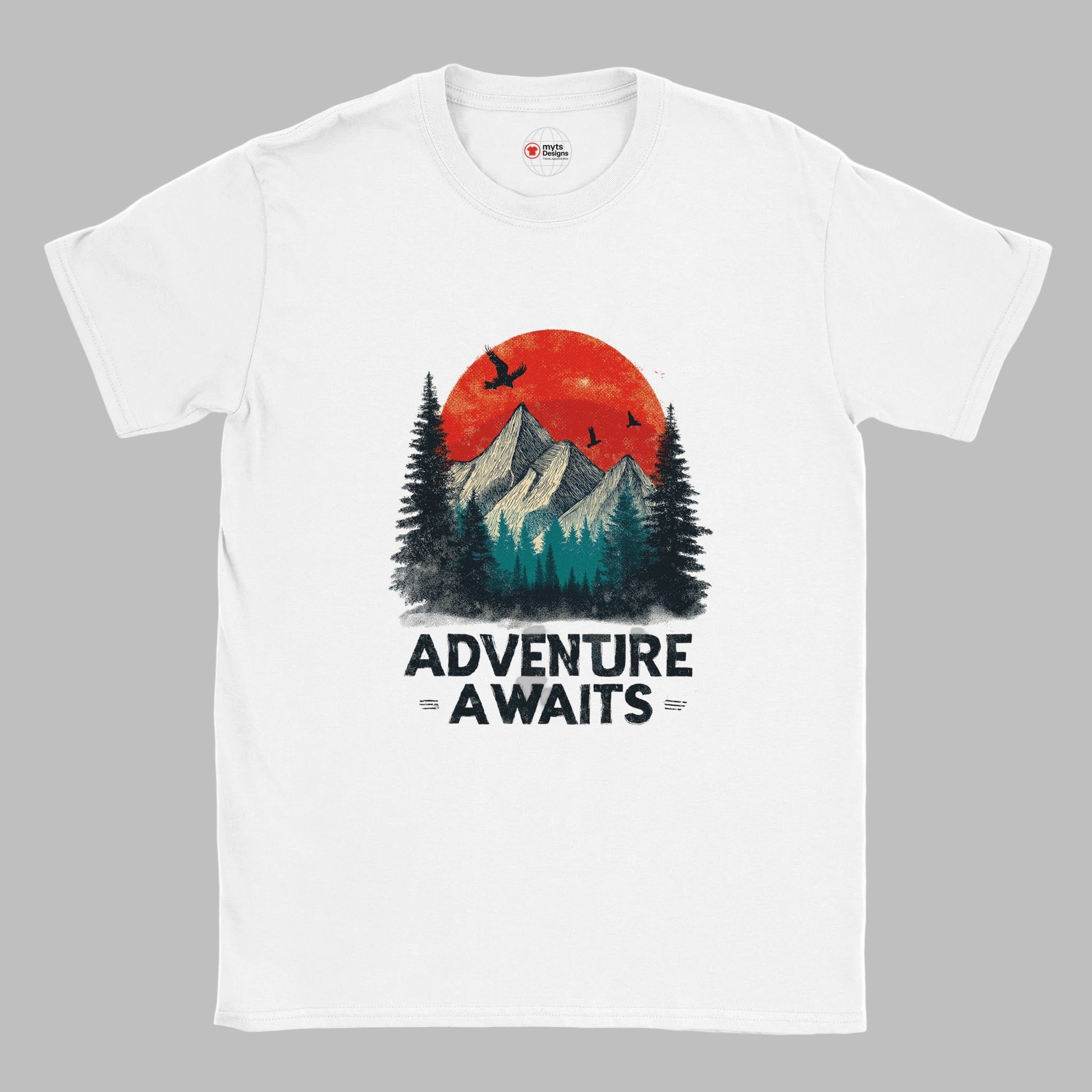White unisex cotton T-shirt with a retro “Adventure Awaits” camping graphic—featuring a vintage tent scene, outdoors motif, and bold typography; soft Gildan 64000 fabric from MytsDesigns.