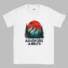 White unisex cotton T-shirt with a retro “Adventure Awaits” camping graphic—featuring a vintage tent scene, outdoors motif, and bold typography; soft Gildan 64000 fabric from MytsDesigns.