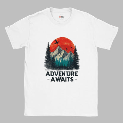 White unisex cotton T-shirt with a retro “Adventure Awaits” camping graphic—featuring a vintage tent scene, outdoors motif, and bold typography; soft Gildan 64000 fabric from MytsDesigns.