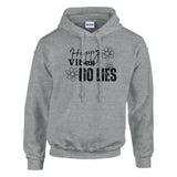 A gray hoodie with 'Happy Vibes No Lies' text and a floral design on the front.