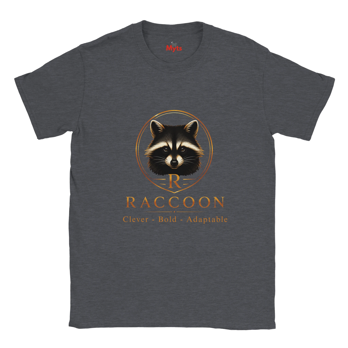 A dark heather gray crewneck t-shirt featuring a graphic of a raccoon inside a gold circle with the text 'R RACCOON Clever - Bold - Adaptable' printed below it.
