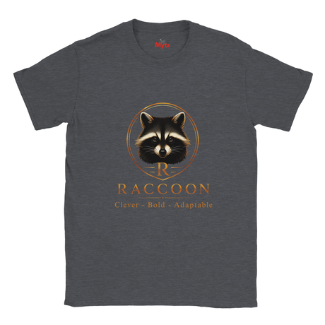 A dark heather gray crewneck t-shirt featuring a graphic of a raccoon inside a gold circle with the text 'R RACCOON Clever - Bold - Adaptable' printed below it.