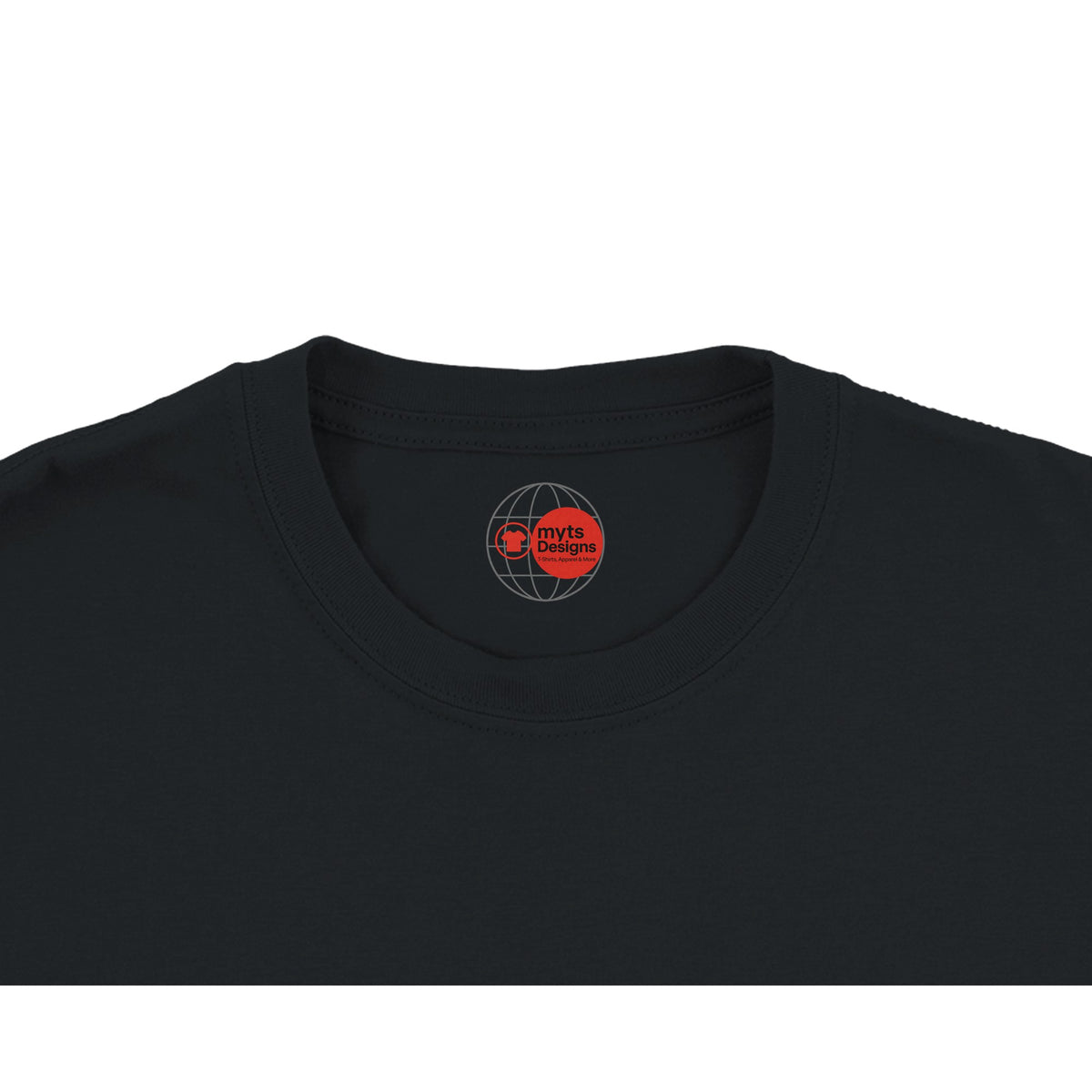 Black t-shirt with a logo on the chest area against a white background