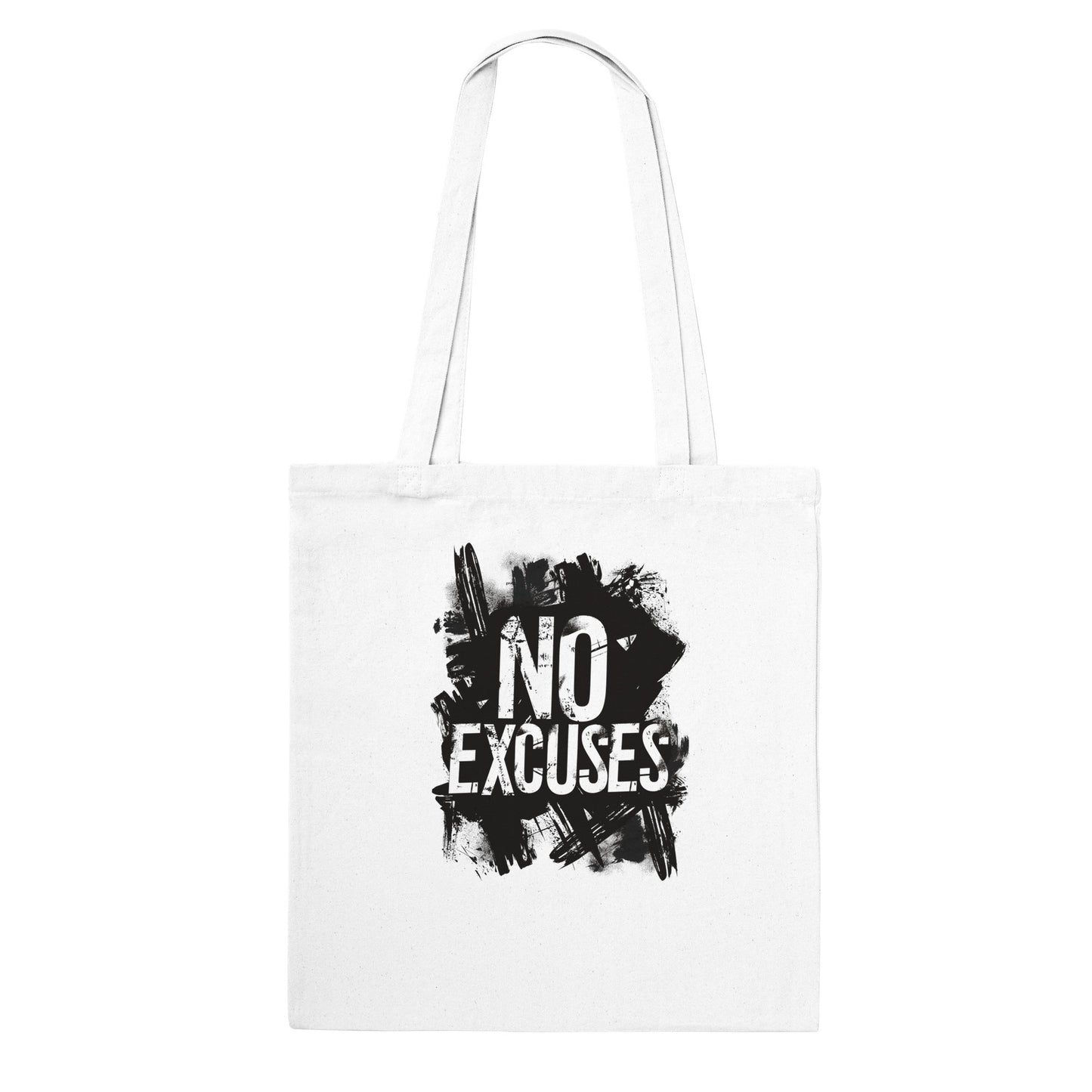 White tote bag with 'NO EXCUSES' text on a white background