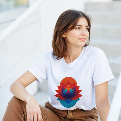Woman wearing a white t-shirt with a colorful lotus flower design, sitting outdoors.