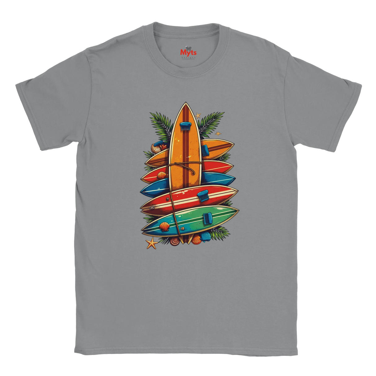 Gray t-shirt with colorful surfboard design on a white background