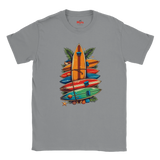 Gray t-shirt with colorful surfboard design on a white background