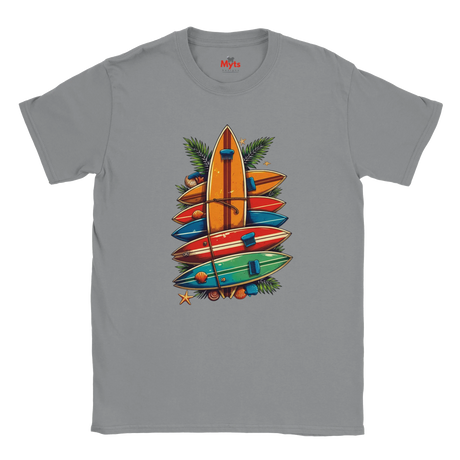 Gray t-shirt with colorful surfboard design on a white background