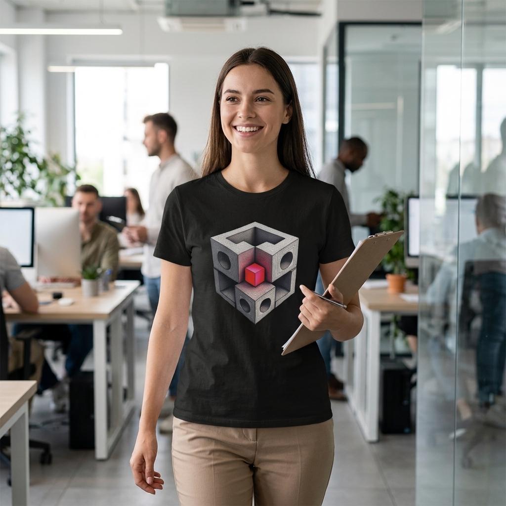 Woman wearing a black t-shirt with a geometric design in an office setting