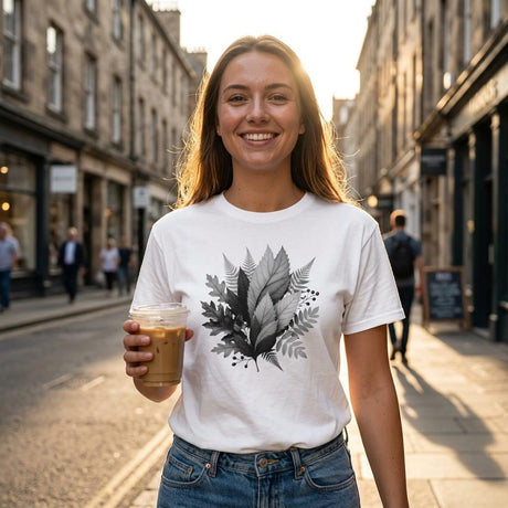 Woman wearing a white t-shirt with a leaf design, holding a coffee cup on a city street.