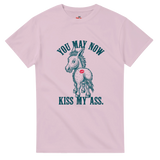 Pink t-shirt with a graphic of a donkey and text on a white background