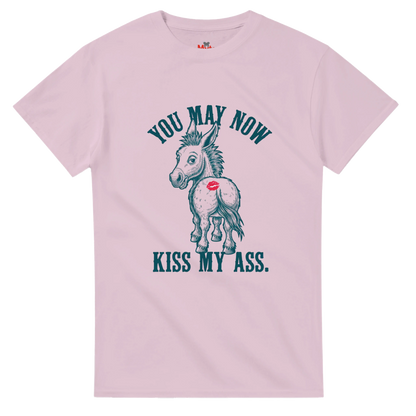 Pink t-shirt with a graphic of a donkey and text on a white background