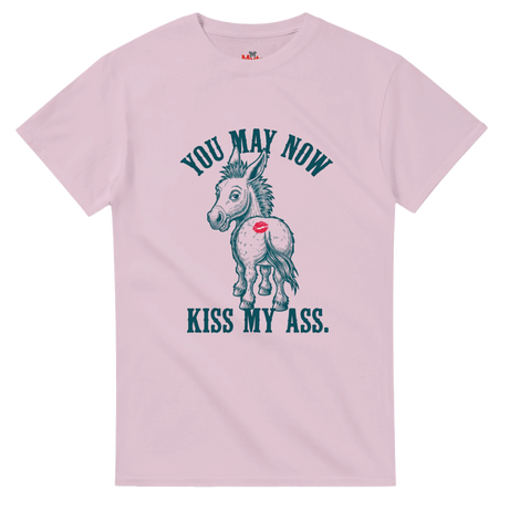 Pink t-shirt with a graphic of a donkey and text on a white background