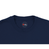 Navy blue t-shirt with a logo on the collar against a white background