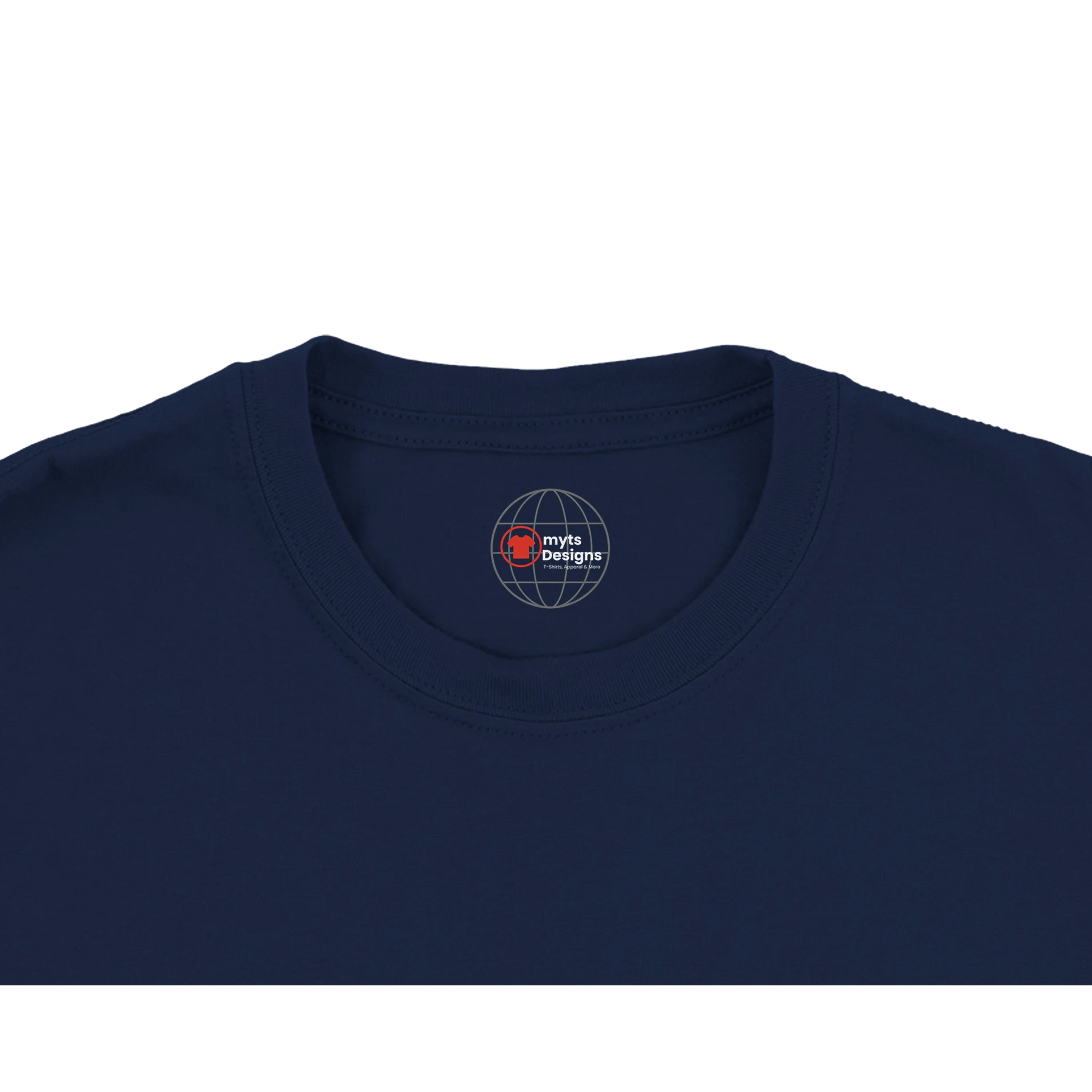 Navy blue t-shirt with a logo on the collar against a white background