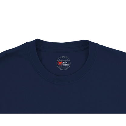 Navy blue t-shirt with a logo on the collar against a white background