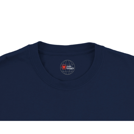 Navy blue t-shirt with a logo on the collar against a white background