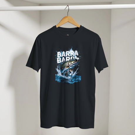 Black t-shirt with a fish graphic and 'Barra Barra' text on a hanger against a white wall.