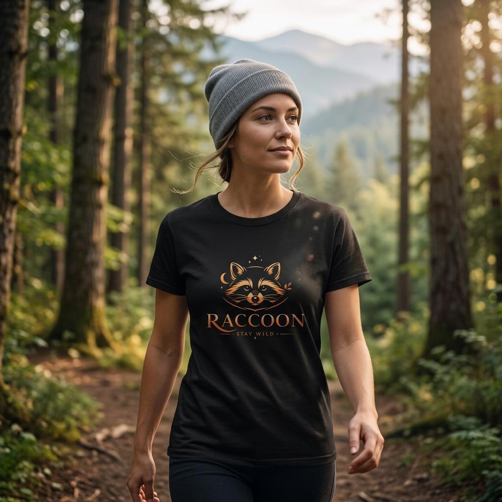 A woman wearing a gray beanie and a black graphic t-shirt with a raccoon design and the text 'RACCOON EST. WILD.