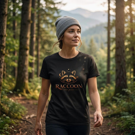 A woman wearing a gray beanie and a black graphic t-shirt with a raccoon design and the text 'RACCOON EST. WILD.