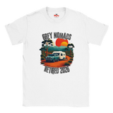 A white short-sleeve crewneck t-shirt featuring a retro-style graphic print of a grey pickup truck and a white camper van on an orange dirt road, with the text 'GREY NOMADS RETIRED 2026' and a sunset background.
