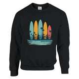 Black sweatshirt with colorful surfboard design on a white background